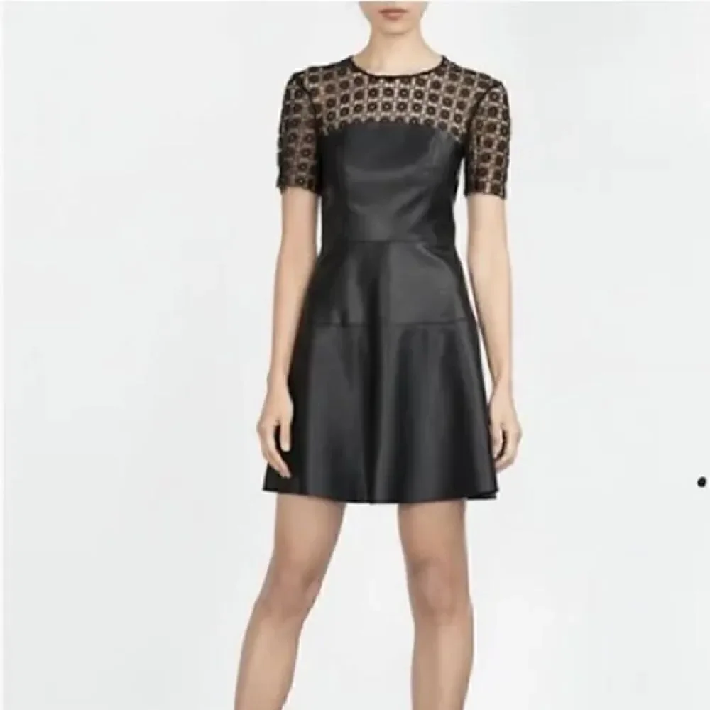 Zara Black Faux Leather & Eyelet Lace Short Sleeve Mini Dress. Size XS.